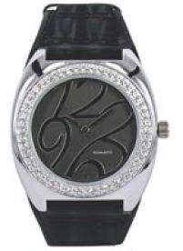 BRAND NEW TOMATO LADIES STAINLESS STEEL ROUND BLACK PU BLACK DIAL WITH STONES **STUNNING MODEL**