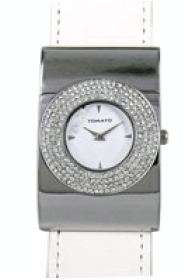 BRAND NEW TOMATO COLLECTION LADIES STAINELESS STEEL  ROUND WHITE STRAP WHITEDIAL WITH STONES