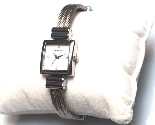 BRAND NEW PIERRE CARDIN LADIES Silver Tone Stone Set Case & Bangle White Dial with  diamond markers