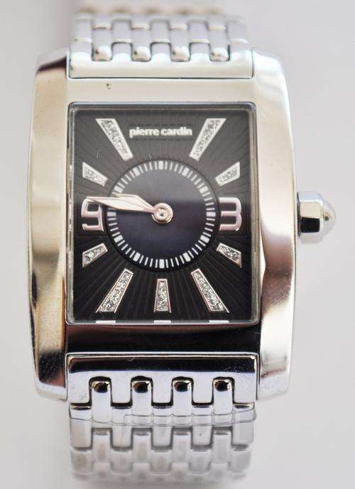 BRAND NEW Pierre Cardin Ladies Stainless Steel Rectangle Black Dial Crystal Markers Bracelet Watch