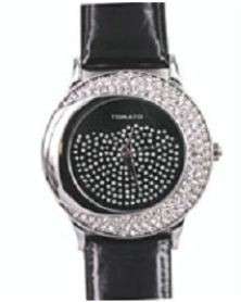 BRAND NEW TOMATO LADIES BLACK WATCH MAGNIFICENT STONE-SET DIAL T533109