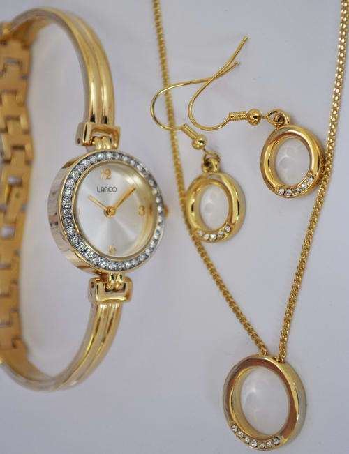 BRAND NEW LANCO Ladies Gold Crystal Bracelet Watch, Loop Necklace and Earring Set*STUNNING*