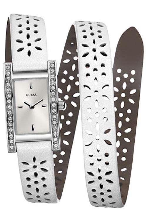BRAND NEW GUESS Ladies Trend Series White Rose Leather Strap Stainless Steel Watch with Crystals