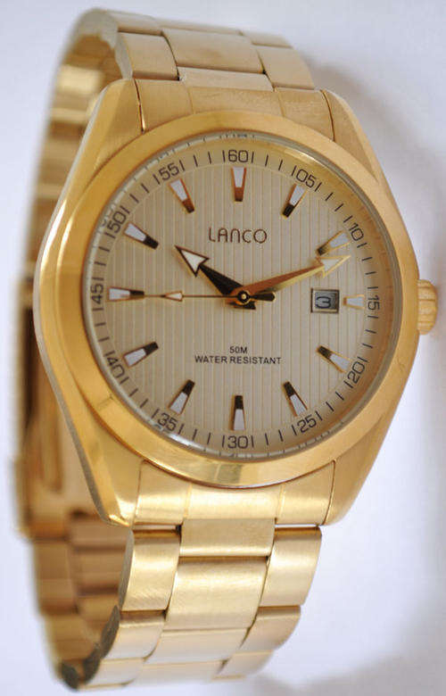 BRAND NEW LANCO GENTS GOLD ROUND CHAMPAIGNE DIAL BRACELET WATCH WITH DATE  **STUNNING MOEL**