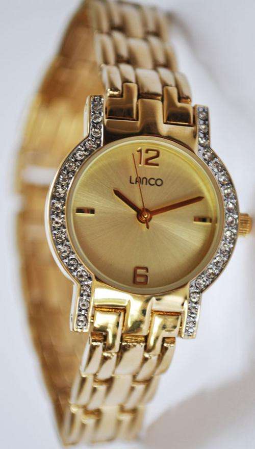 BRAND NEW LANCO Ladies Gold Stainless Steel Bracelet Watch Round Champaigne Dial with Stones