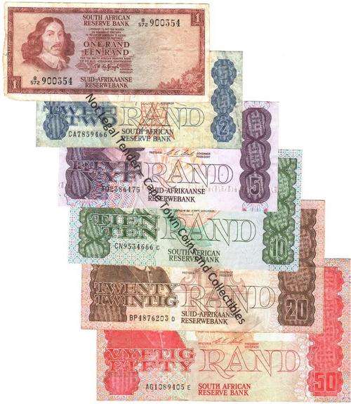 Set of 6 old notes in well used condition - R1,R2,R5,R10,R20 & R50 - as per scan