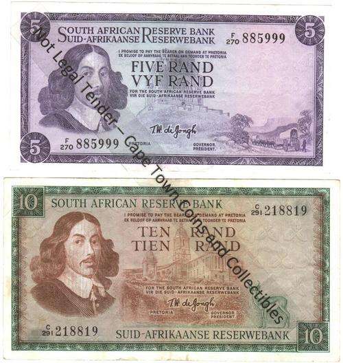 SA R5 & R10 De Jongh (van Riebeeck watermark) - as per scan