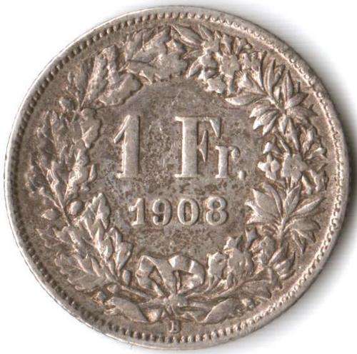 Switzerland 1 Franc 1908B silver - 1,200,000 minted - as per scan
