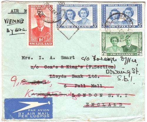 Postal History - Letter airmail Swaziland to London, redirected to Foreign office, Downing str.