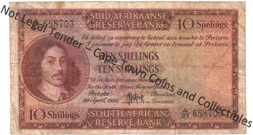 SA 10 Shillings 1950 - M de Kock 2nd - as per scan