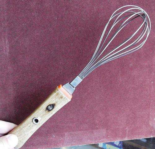 Vintage stainless steel whisk with wooden handle - as per photos
