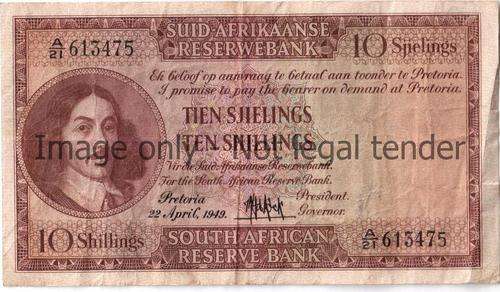 SA 10 Shillings MH De Kock 22 April 1949 Series A21 rare - S/N 613475
