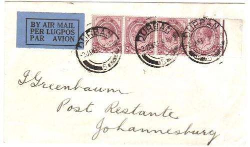 Postal history - South African Airmail cover with 4 x 2d Union stamps