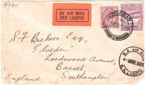 Postal history - SA Air Mail cover, 1925