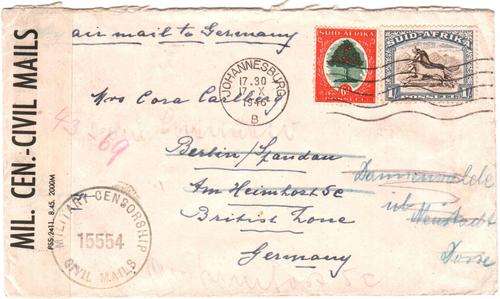 Postal History - South African airmail cover to Germany, censored