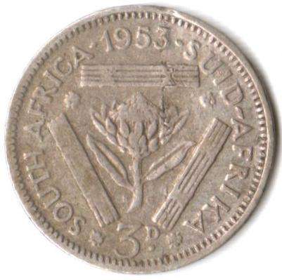 SA Union 3 Pence(Tickey) 1953 - cracked planchet error coin