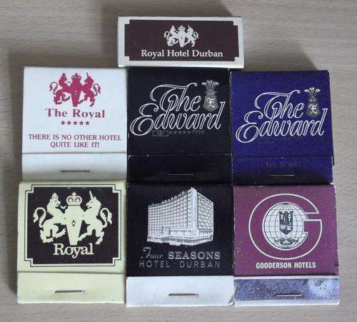 7 vintage, Durban Hotel matchbooks - unused - Royal, Edward, Gooderson & Four Seasons