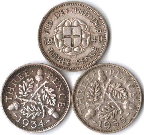Britain 3 Pence 1934,1935,1940 silver - great detail