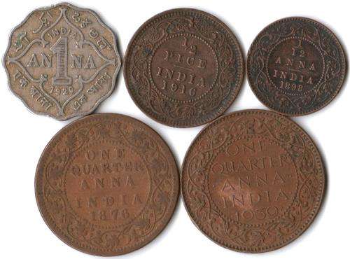 India - Lot of 5 old coins, some in excellent condition - see details below