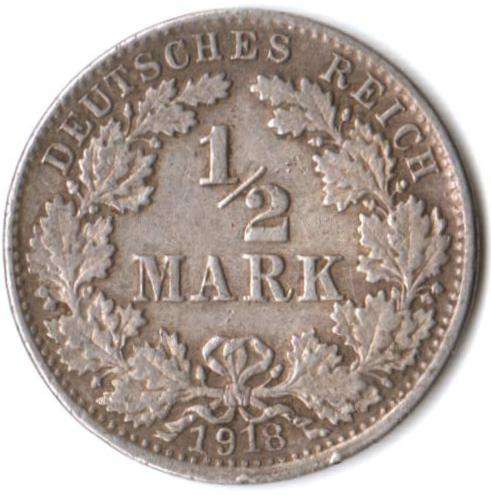 Germany 1/2 Mark 1918J silver