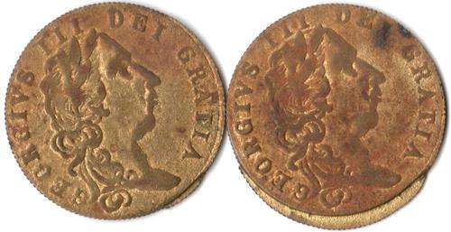 Pair of Victorian spade guinea gaming tokens 1797 - in memory of good old days - metal overstrike