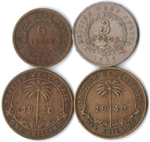British West Africa 3 Pence 1939KN, 6 Pence 1945, 1 Shilling 1920KN & 1940