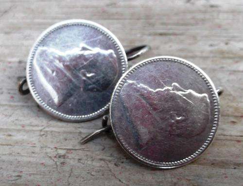 Pair of earrings made from ZAR sixpence coins, 1892 & 1894