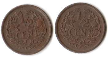 1936 Netherlands Half Cent x2 - one coin with toning