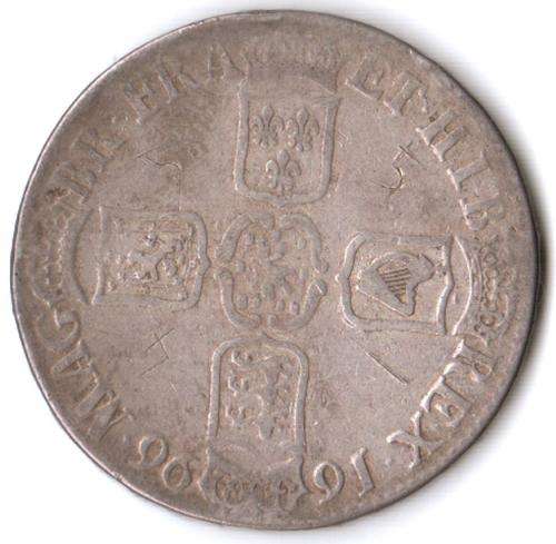 1696 Great Britain silver William III crown, graffiti on reverse