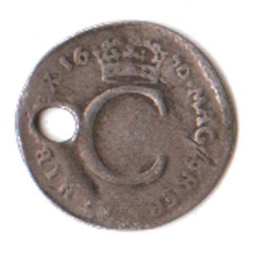 1676 Great Britain silver Charles II penny, holed, tiny coin