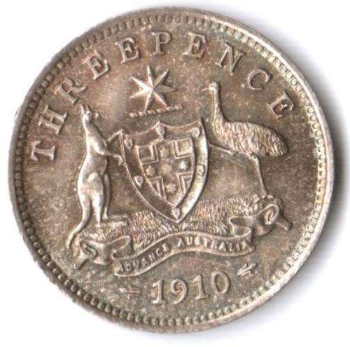 Australia silver 3 Pence 1910 - with metal error, uncirculated