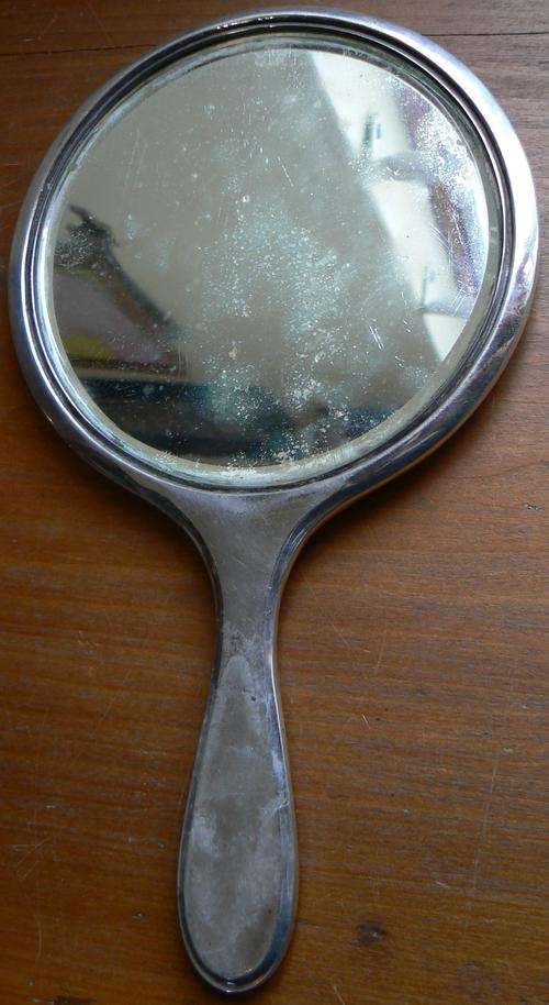 Very old and heavy hallmarked silver hand mirror - 398 grams, 260 mm high