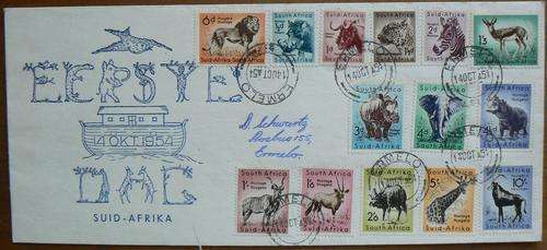 SA Union 1954 pictorial FDC full set of 14 stamps rare Afrikaans version