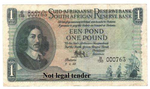 SA Union 1 Pound De Kock 1952 B138 low serial 000763