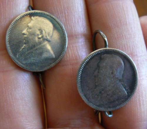 Pair of silver earrings made from ZAR 1892 & 1894 sixpence coins