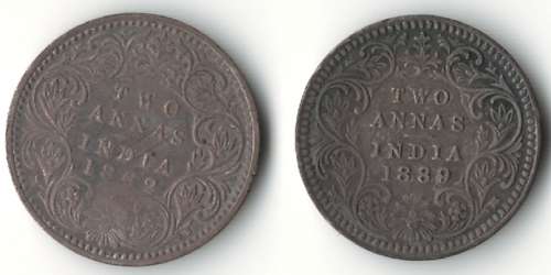 India 2 Annas 1862 & 1889 *silver
