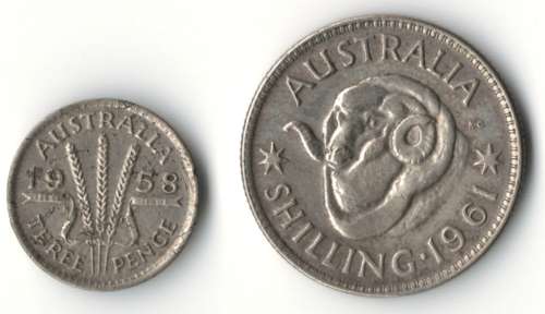 Australia silver Shilling 1961 & 3 Pence 1958