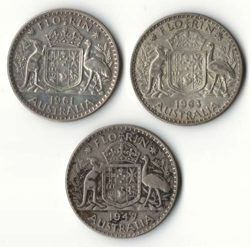 Australia three silver Florins 1947, 1961, 1963