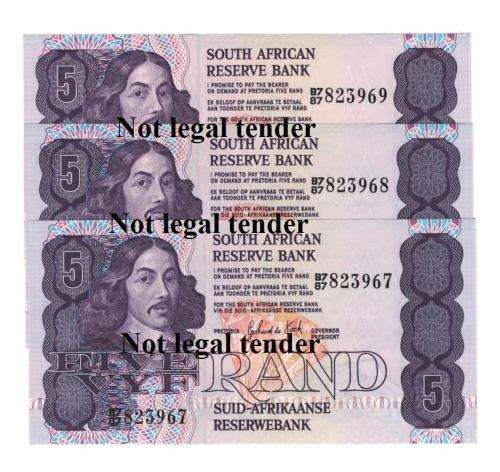 GPC de Kock R5 2nd Issue three UNC notes in sequence B7/87 series