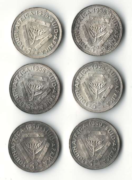 SA tickeys 1958 (x4) & 1959 (x2), A/UNC or UNC - one bid takes all