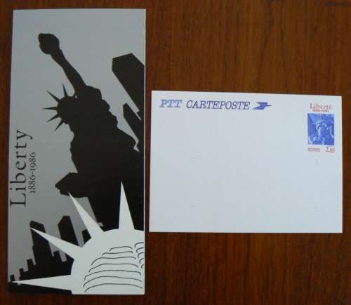 1986 France and USA Liberty joint issue folder with 2 blocks of 4 and post card