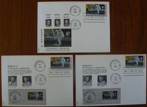 USA Apollo 11 First Man on the Moon 3 FDCs, Astrophil 6 and 7 (x2) - German text