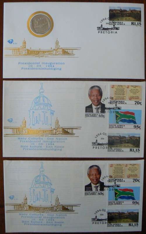 RSA 1994 Mandela 3 Inauguration FDCs - one with proof R5 (no steps) and 2x 6.3b
