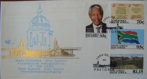 RSA 1994 Mandela 3 Inauguration FDCs - one with proof R5 (no steps) and 2x 6.3b