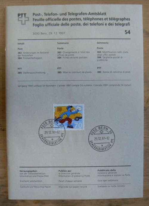 Switzerland 1997 special last day cancellation on the last Post, Telephone & Telegraph Gazette