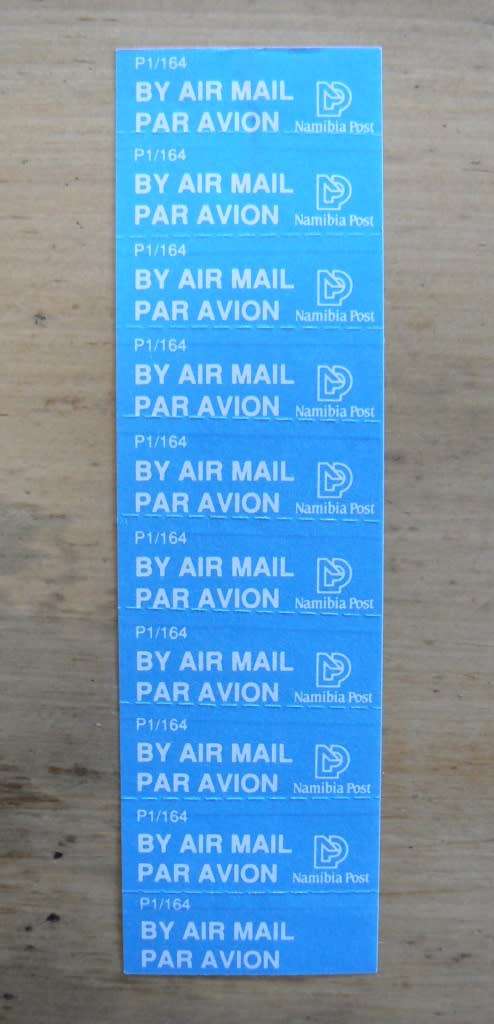 Namibia strip of 10 airmail labels with print error