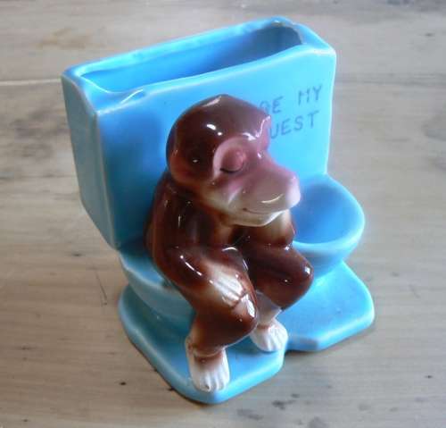 Vintage toilet / bathroom ashtray with monkey, possibly 1950s