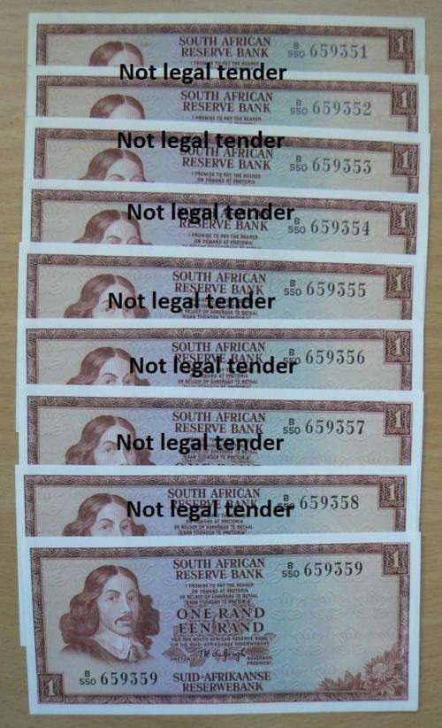 Lot of 9 De Jongh 3rd Issue R1 notes 1975 - UNC in sequence B550