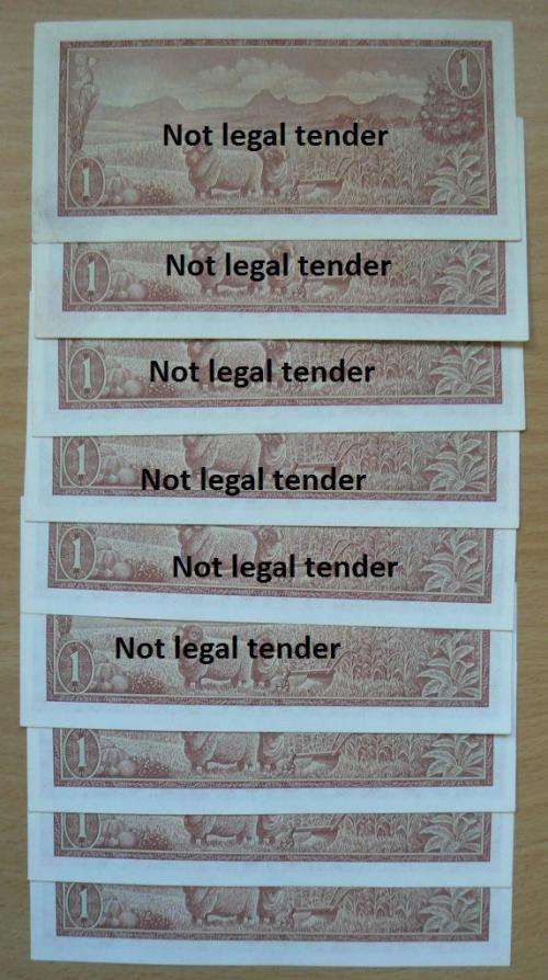 Lot of 9 De Jongh 3rd Issue R1 notes 1975 - UNC in sequence B550