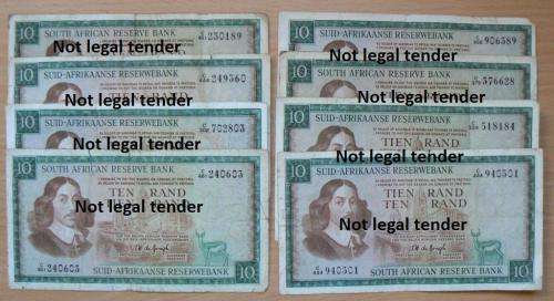 Lot of 8 De Jongh 3rd Issue R10 notes, used